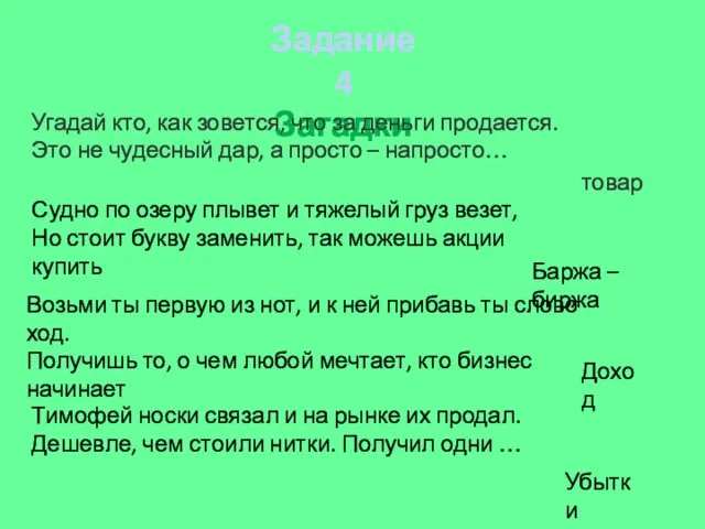 Задание 4 Загадки Угадай кто, как зовется, что за деньги продается. Это