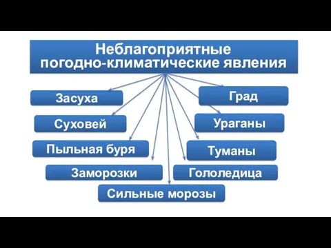 Неблагоприятные погодно-климатические явления Засуха Суховей Пыльная буря Заморозки Гололедица Туманы Сильные морозы Ураганы Град