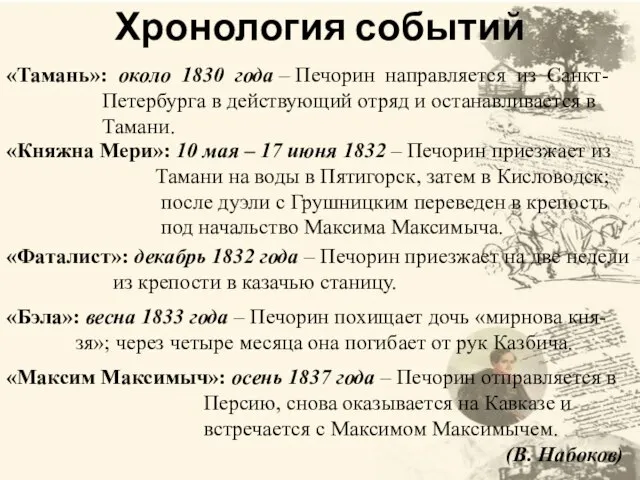 Хронология событий «Тамань»: около 1830 года – Печорин направляется из Санкт- Петербурга