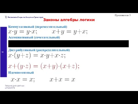 Теория дискретных устройств Законы алгебры логики Коммутативный (переместительный) Ассоциативный (сочетательный) Дистрибутивный (распределительный) Приложение 5 Идемпотентный