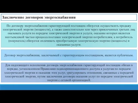 Заключение договоров энергоснабжения Договор энергоснабжения, заключаемый с гарантирующим поставщиком, является публичным. По