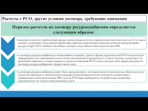 Расчеты с РСО, другие условия договора, требующие внимания Порядок расчетов по договору ресурсоснабжения определяется следующим образом: