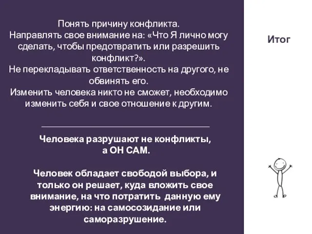 своё отношение к другим Понять причину конфликта. Направлять свое внимание на: «Что