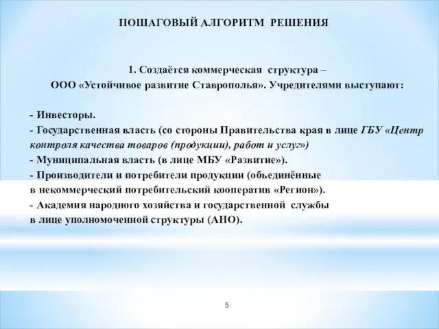 ПОШАГОВЫЙ АЛГОРИТМ РЕШЕНИЯ 1. Создаётся коммерческая структура – ООО «Устойчивое развитие Ставрополья».