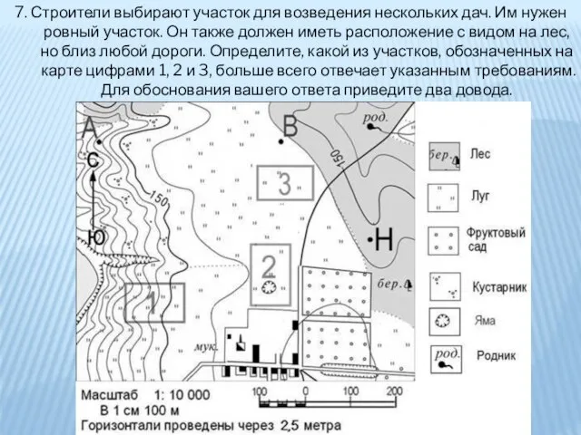 7. Строители выбирают участок для возведения нескольких дач. Им нужен ровный участок.