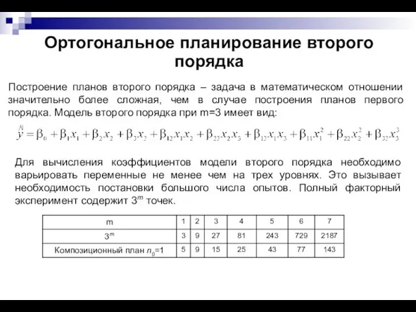 Ортогональное планирование второго порядка Построение планов второго порядка – задача в математическом