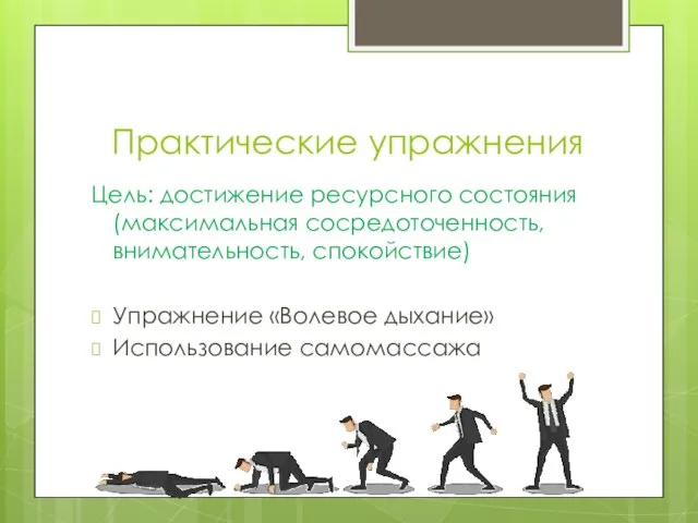 Практические упражнения Цель: достижение ресурсного состояния (максимальная сосредоточенность, внимательность, спокойствие) Упражнение «Волевое дыхание» Использование самомассажа