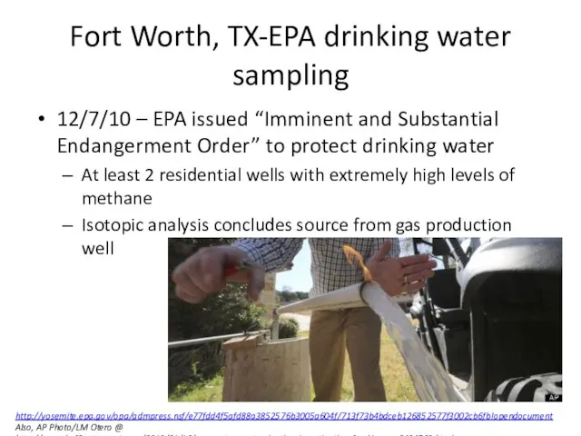 Fort Worth, TX-EPA drinking water sampling 12/7/10 – EPA issued “Imminent and