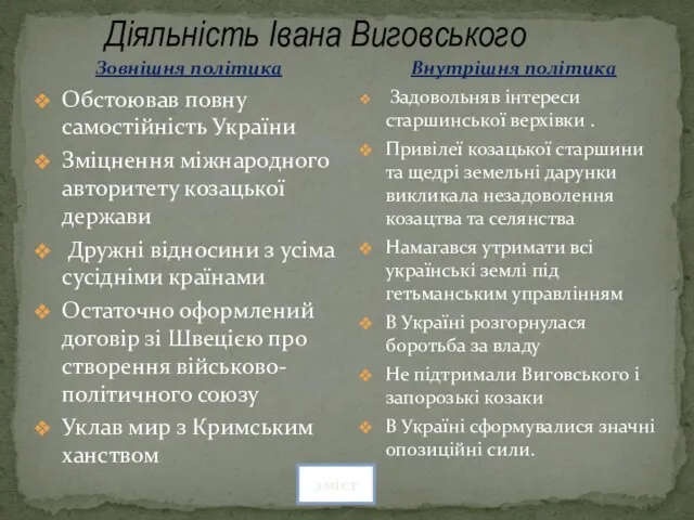 Діяльність Івана Виговського Зовнішня політика Обстоював повну самостійність України Зміцнення міжнародного авторитету