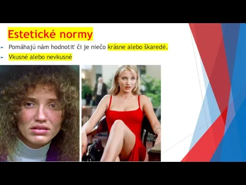 Estetické normy Pomáhajú nám hodnotiť či je niečo krásne alebo škaredé. Vkusné alebo nevkusné