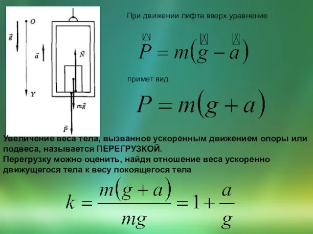 При движении лифта вверх уравнение примет вид Увеличение веса тела, вызванное ускоренным