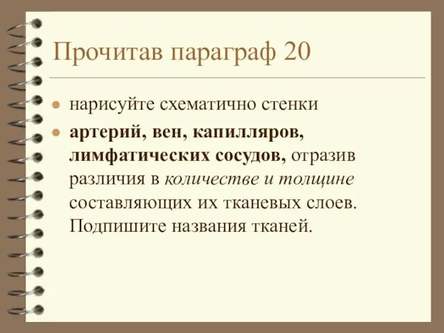 Прочитав параграф 20 нарисуйте схематично стенки артерий, вен, капилляров, лимфатических сосудов, отразив