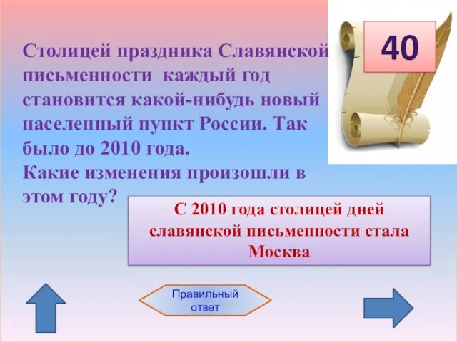 40 Столицей праздника Славянской письменности каждый год становится какой-нибудь новый населенный пункт