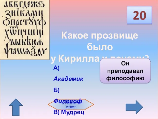 20 Правильный ответ А) Академик Б) Философ В) Мудрец Какое прозвище было