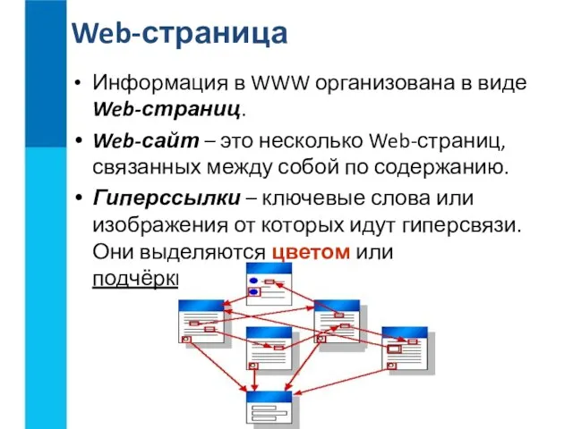 Информация в WWW организована в виде Web-страниц. Web-сайт – это несколько Web-страниц,