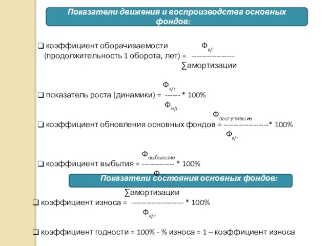 Показатели движения и воспроизводства основных фондов: коэффициент оборачиваемости Фк/г (продолжительность 1 оборота,