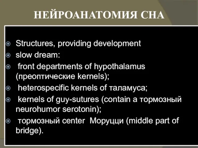 НЕЙРОАНАТОМИЯ СНА Structures, providing development slow dream: front departments of hypothalamus (преоптические