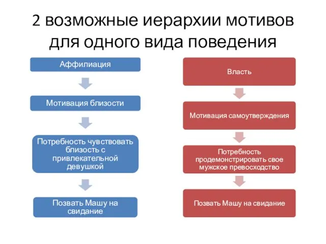 2 возможные иерархии мотивов для одного вида поведения Аффилиация Мотивация близости Потребность