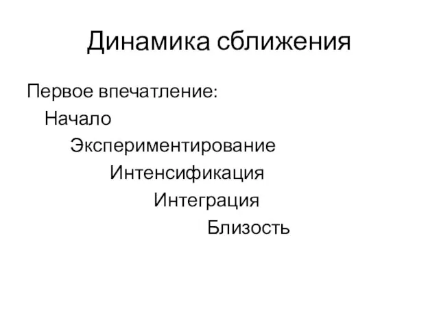 Динамика сближения Первое впечатление: Начало Экспериментирование Интенсификация Интеграция Близость