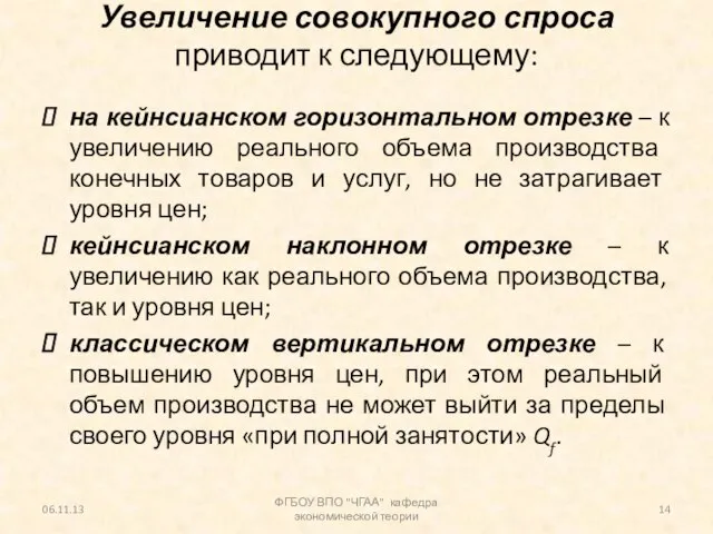 Увеличение совокупного спроса приводит к следующему: на кейнсианском горизонтальном отрезке – к