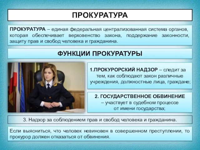 ПРОКУРАТУРА ПРОКУРАТУРА – единая федеральная централизованная система органов, которая обеспечивает верховенство закона,