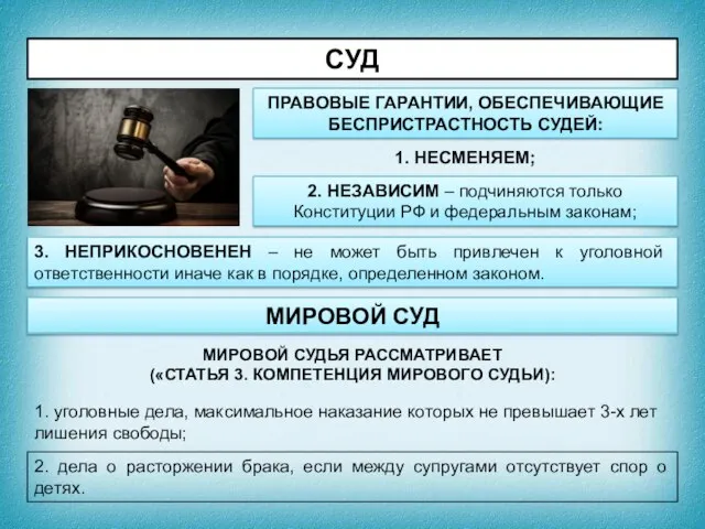 СУД ПРАВОВЫЕ ГАРАНТИИ, ОБЕСПЕЧИВАЮЩИЕ БЕСПРИСТРАСТНОСТЬ СУДЕЙ: 1. НЕСМЕНЯЕМ; 2. НЕЗАВИСИМ – подчиняются