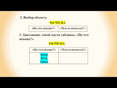 2. Выбор объекта РАСЧЁСКА 3. Заполнение левой части таблицы: «На что похожа?» РАСЧЁСКА