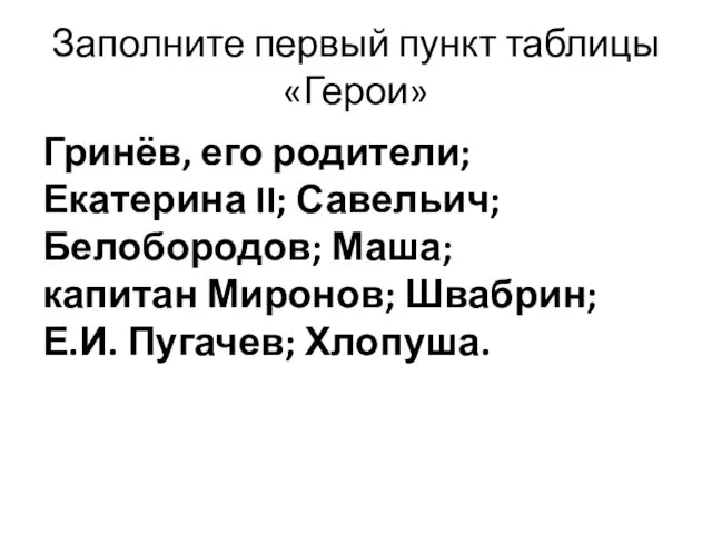 Заполните первый пункт таблицы «Герои» Гринёв, его родители; Екатерина II; Савельич; Белобородов;