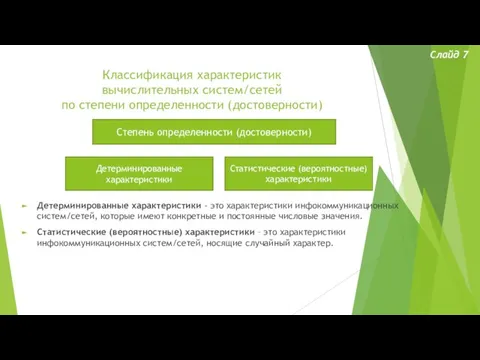 Классификация характеристик вычислительных систем/сетей по степени определенности (достоверности) Слайд 7 Степень определенности