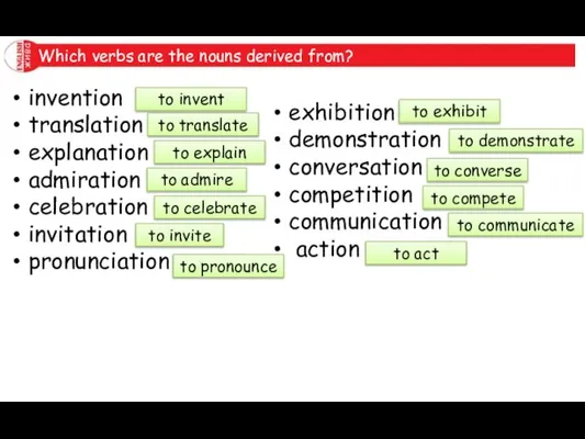 Which verbs are the nouns derived from? invention translation explanation admiration celebration