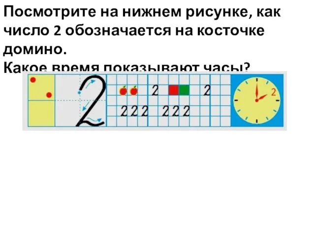 Посмотрите на нижнем рисунке, как число 2 обозначается на косточке домино. Какое время показывают часы?