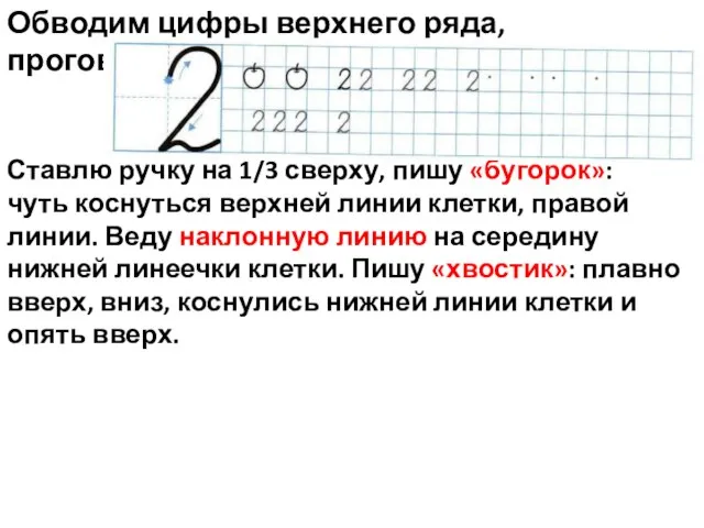 Обводим цифры верхнего ряда, проговариваем хором. Ставлю ручку на 1/3 сверху, пишу