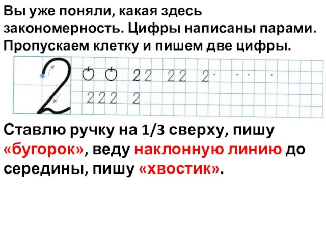 Вы уже поняли, какая здесь закономерность. Цифры написаны парами. Пропускаем клетку и