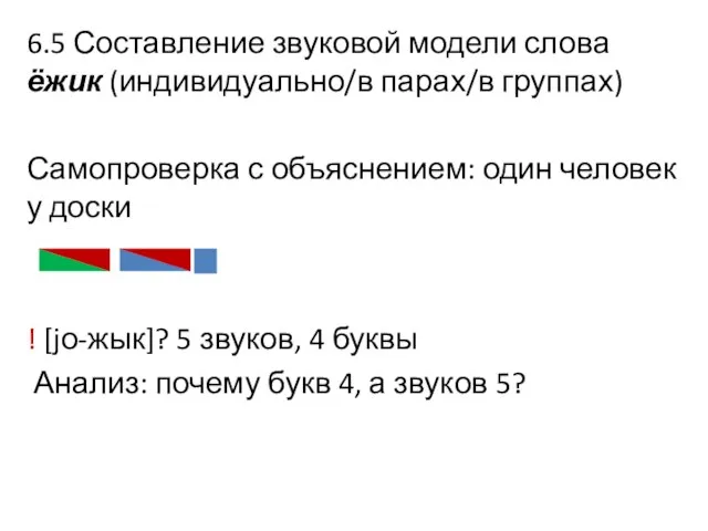 6.5 Составление звуковой модели слова ёжик (индивидуально/в парах/в группах) Самопроверка с объяснением: