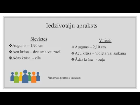 Iedzīvotāju apraksts Vīrieši Augums – 2,10 cm Acu krāsa – violeta vai