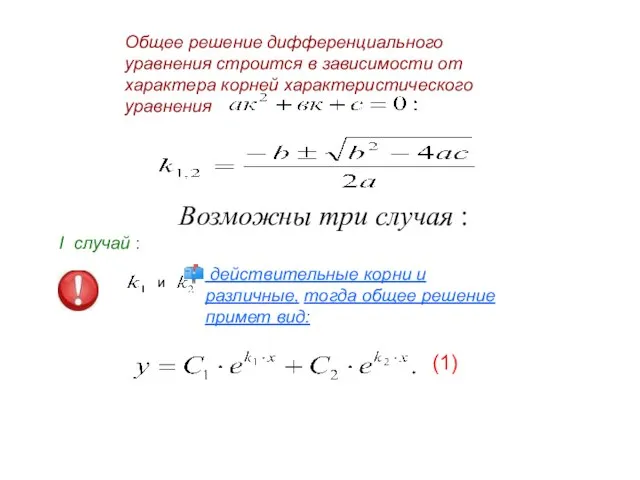 Общее решение дифференциального уравнения строится в зависимости от характера корней характеристического уравнения