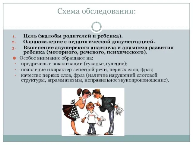 Схема обследования: Цель (жалобы родителей и ребенка). Ознакомление с педагогической документацией. Выяснение