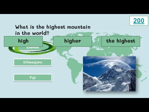 What is the highest mountain in the world? Kilimanjaro Everest Fuji 200 high higher the highest