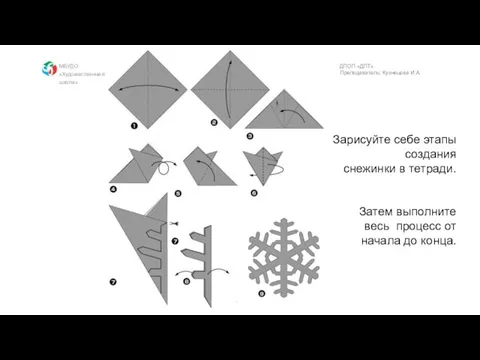 Зарисуйте себе этапы создания снежинки в тетради. Затем выполните весь процесс от начала до конца.