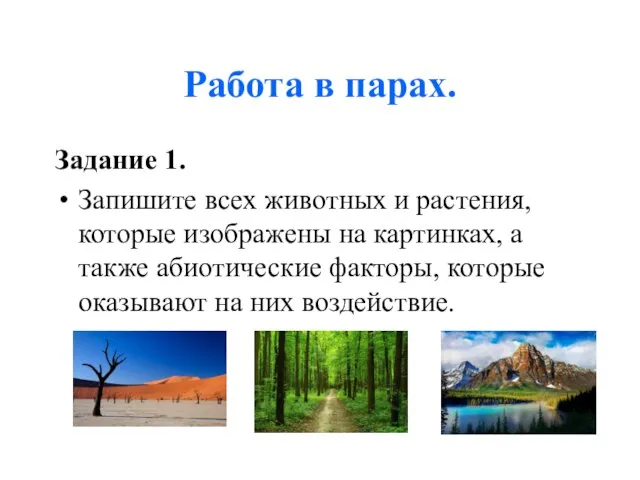 Задание 1. Запишите всех животных и растения, которые изображены на картинках, а