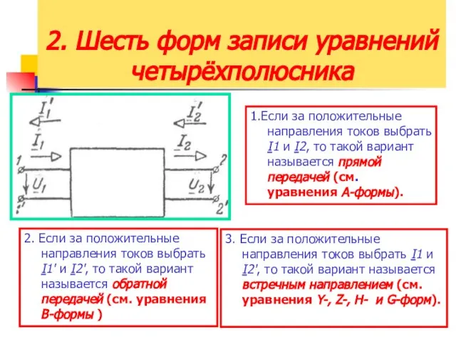 2. Шесть форм записи уравнений четырёхполюсника 1.Если за положительные направления токов выбрать