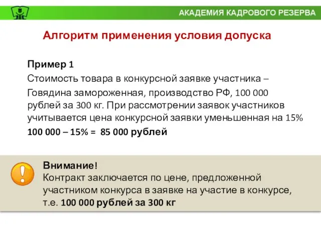 Алгоритм применения условия допуска Пример 1 Стоимость товара в конкурсной заявке участника