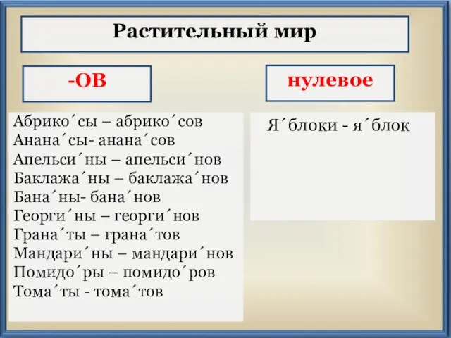 -ОВ Абрико´сы – абрико´сов Анана´сы- анана´сов Апельси´ны – апельси´нов Баклажа´ны – баклажа´нов