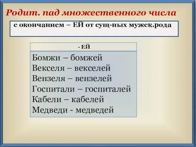 Родит. пад множественного числа с окончанием – ЕЙ от сущ-ных мужск.рода