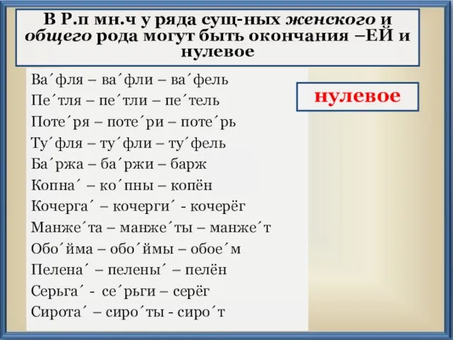 Ва´фля – ва´фли – ва´фель Пе´тля – пе´тли – пе´тель Поте´ря –