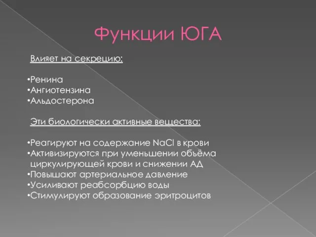 Функции ЮГА Влияет на секрецию: Ренина Ангиотензина Альдостерона Эти биологически активные вещества: