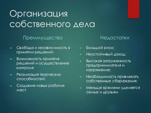 Организация собственного дела Преимущества Свобода и независимость в принятии решений; Возможность принятия