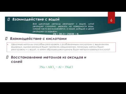 Взаимодействие с водой Все щелочные металлы реагируют с водой, литий реагирует спокойно,