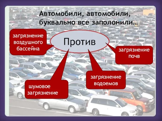 Автомобили, автомобили, буквально все заполонили… Против загрязнение почв загрязнение воздушного бассейна загрязнение водоемов шумовое загрязнение