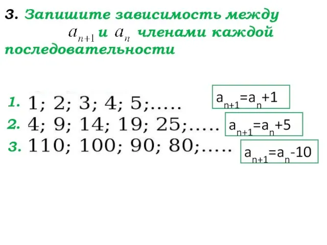 3. Запишите зависимость между и членами каждой последовательности 2. an+1=an+5 an+1=an+1 an+1=an-10